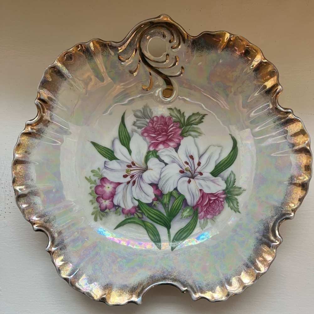 Vintage GRANTCREST JAPAN opalescent gold rimmed floral bowl